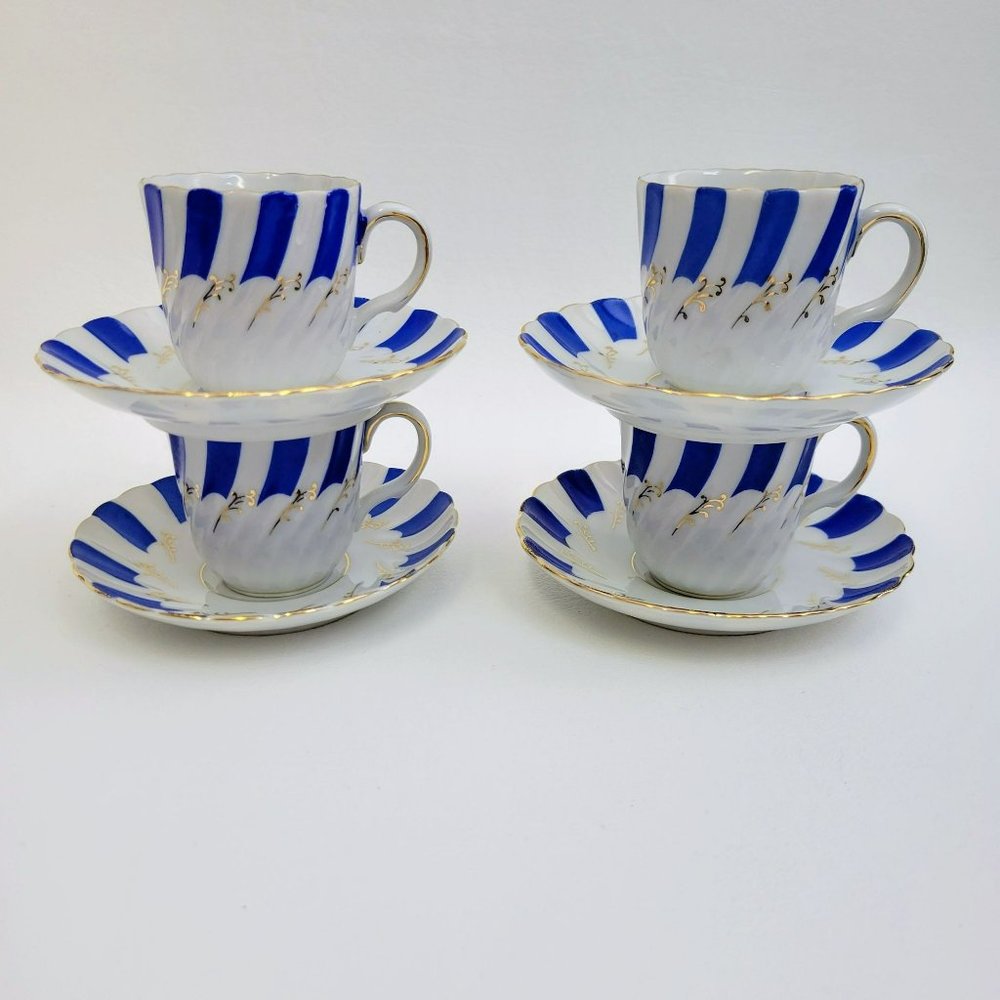 Vintage Ucagco China Blue, White & Gold Demitasse Cup Saucer Set (4) Japan
